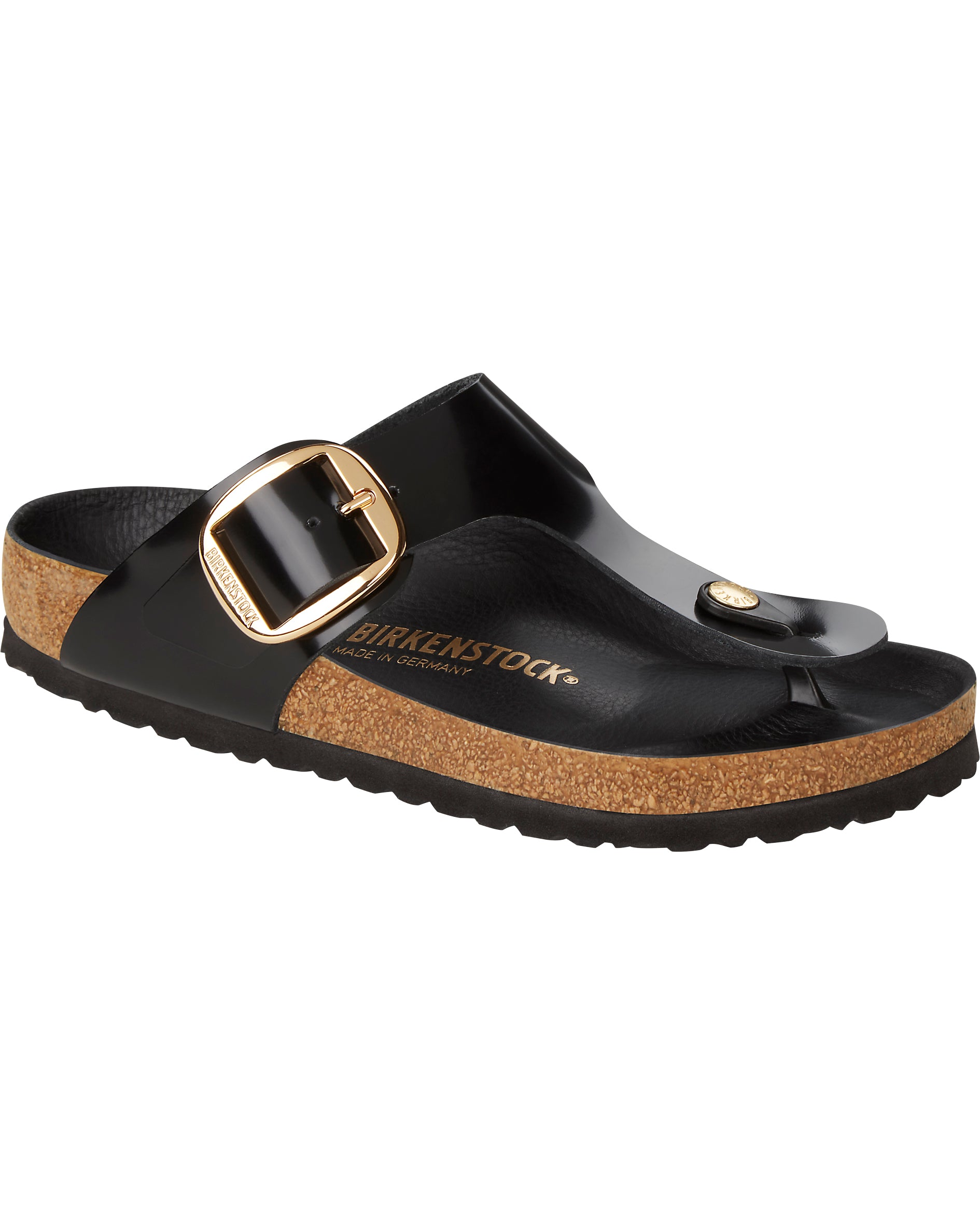 Gizeh Big Buckle High Shine Black Leather Sandals