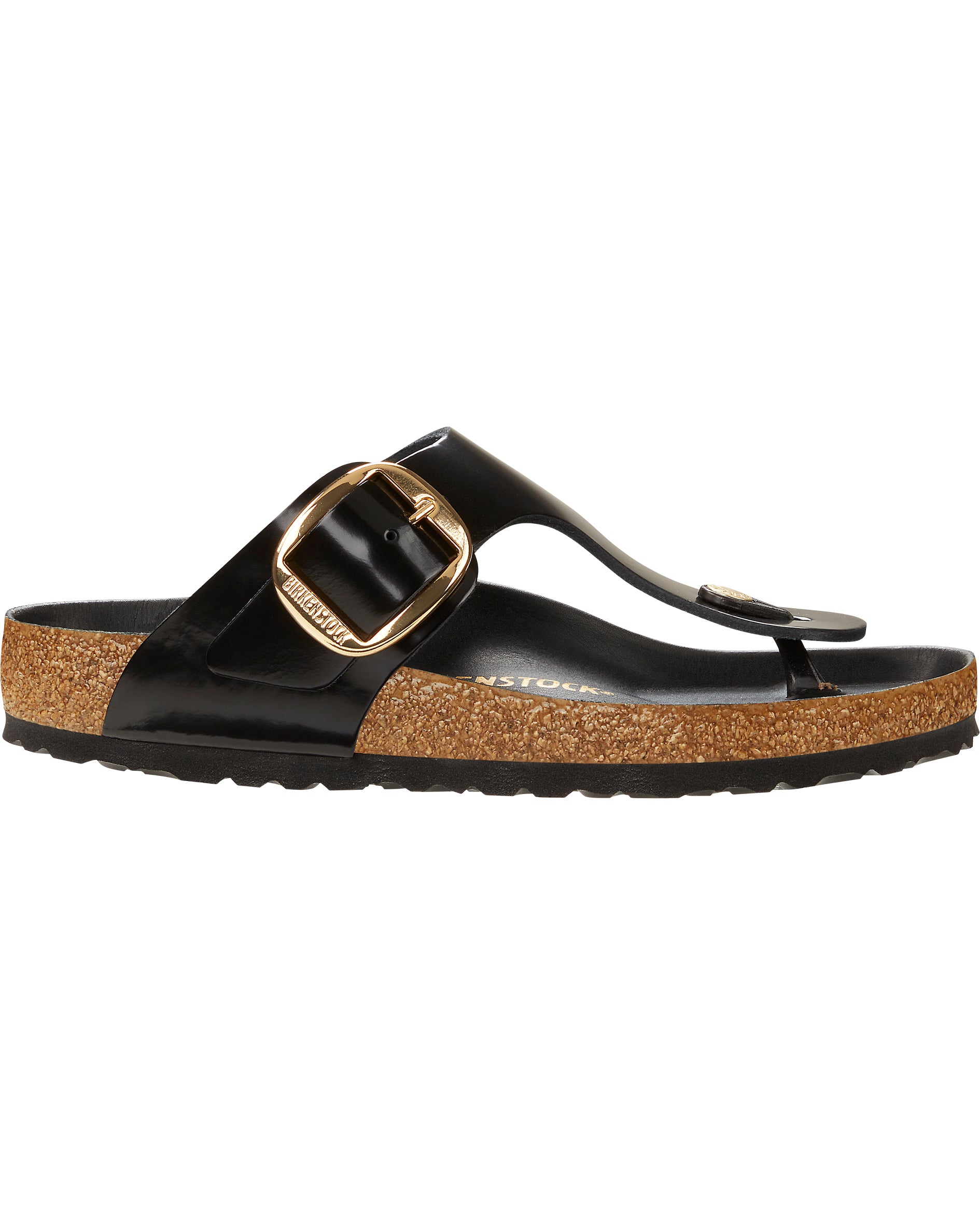 Gizeh Big Buckle High Shine Black Leather Sandals