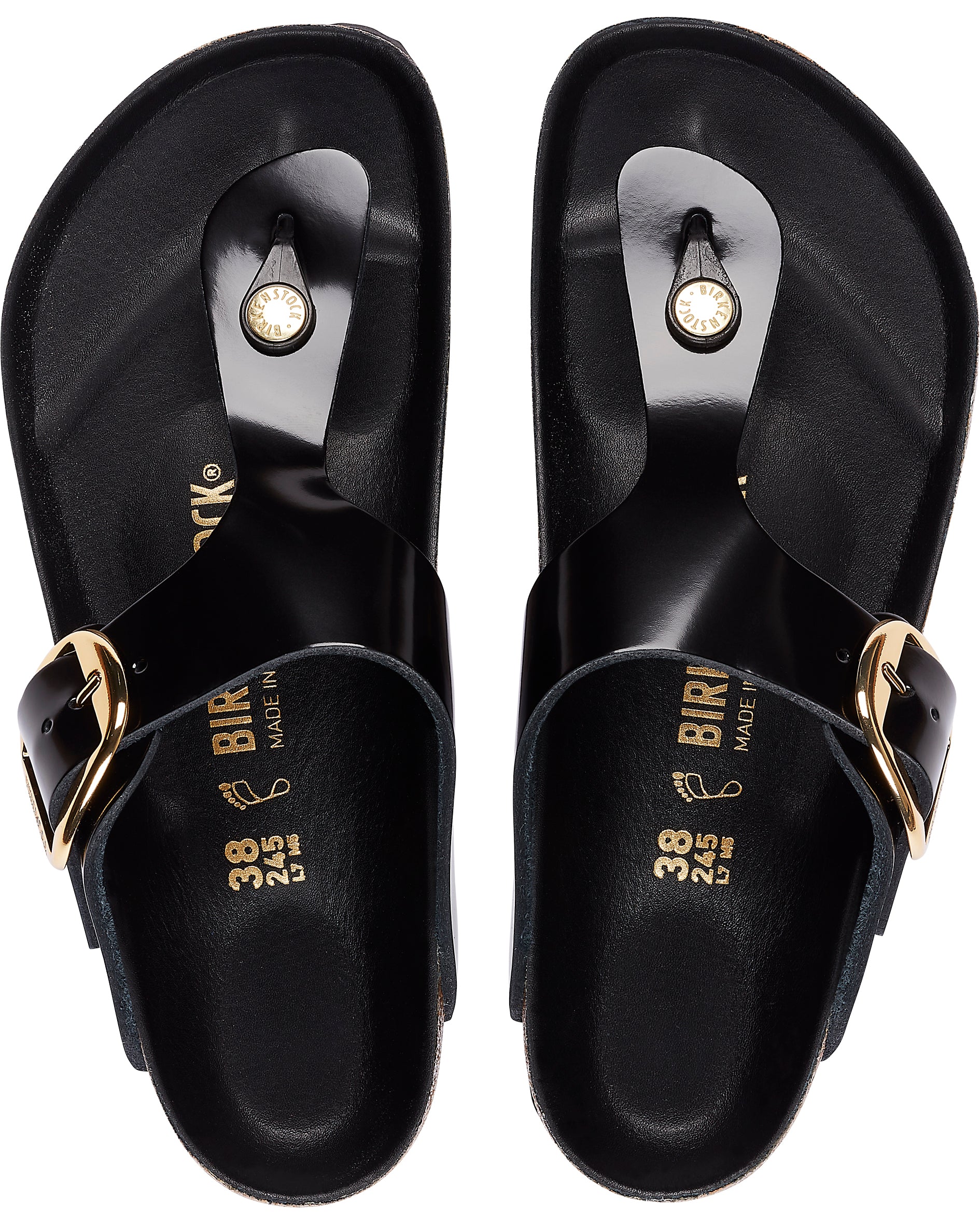 Gizeh Big Buckle High Shine Black Leather Sandals