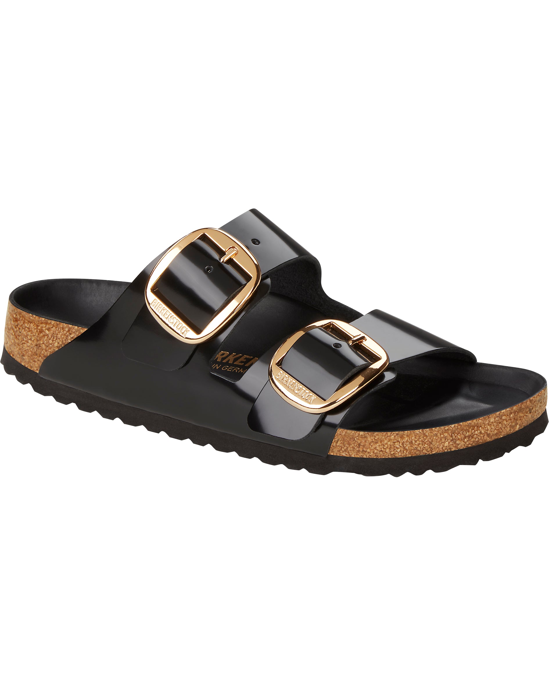 Arizona Big Buckle High Shine Black Leather Sandals