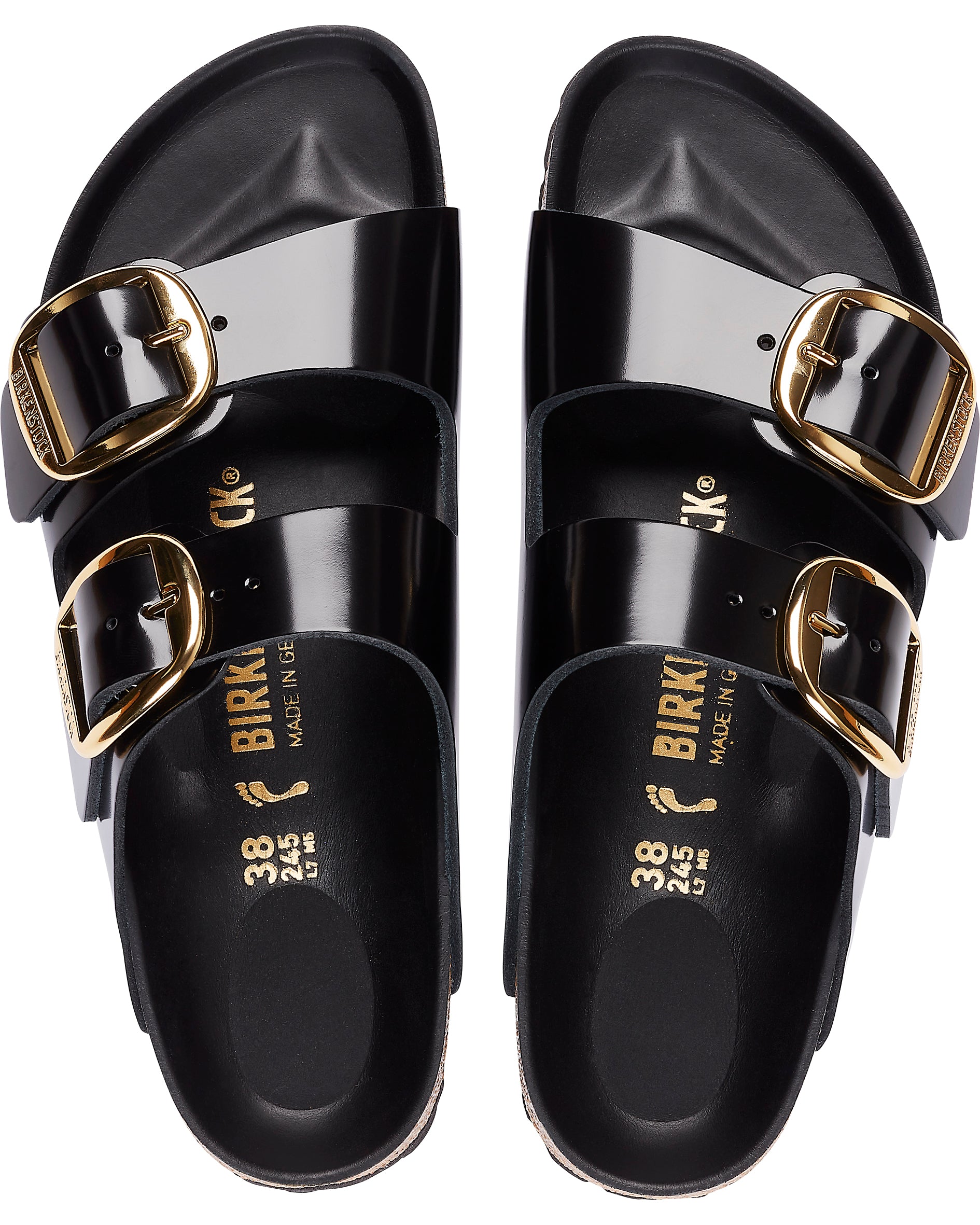 Arizona Big Buckle High Shine Black Leather Sandals