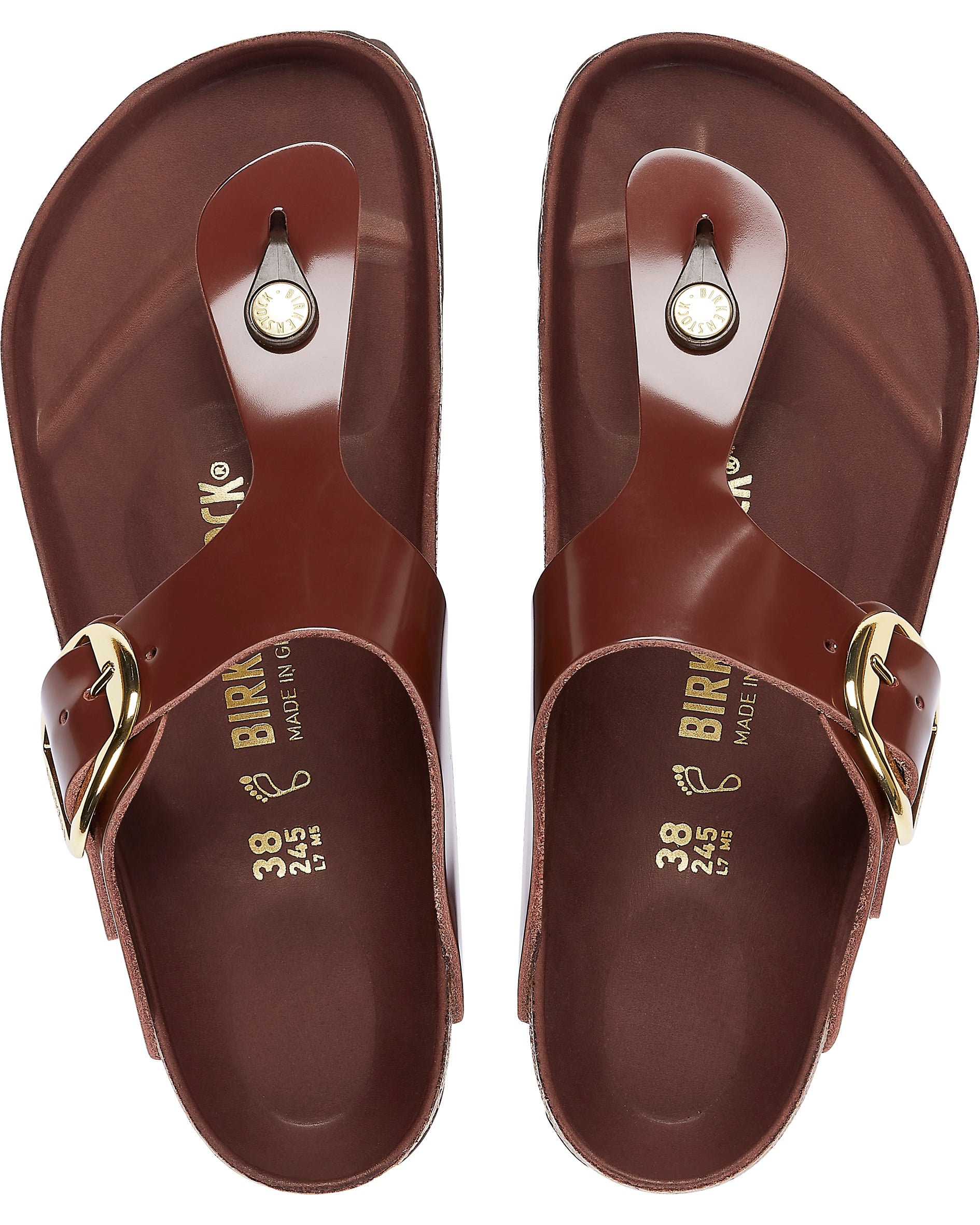 Gizeh Big Buckle High Shine Chocolate Leather Sandals