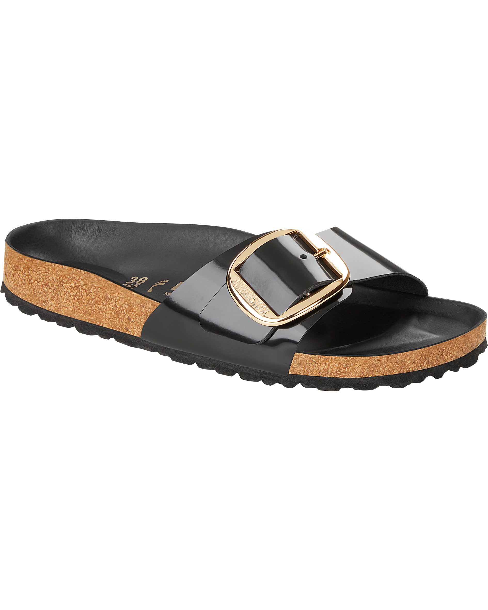 Madrid Big Buckle High Shine Black Leather Sandals