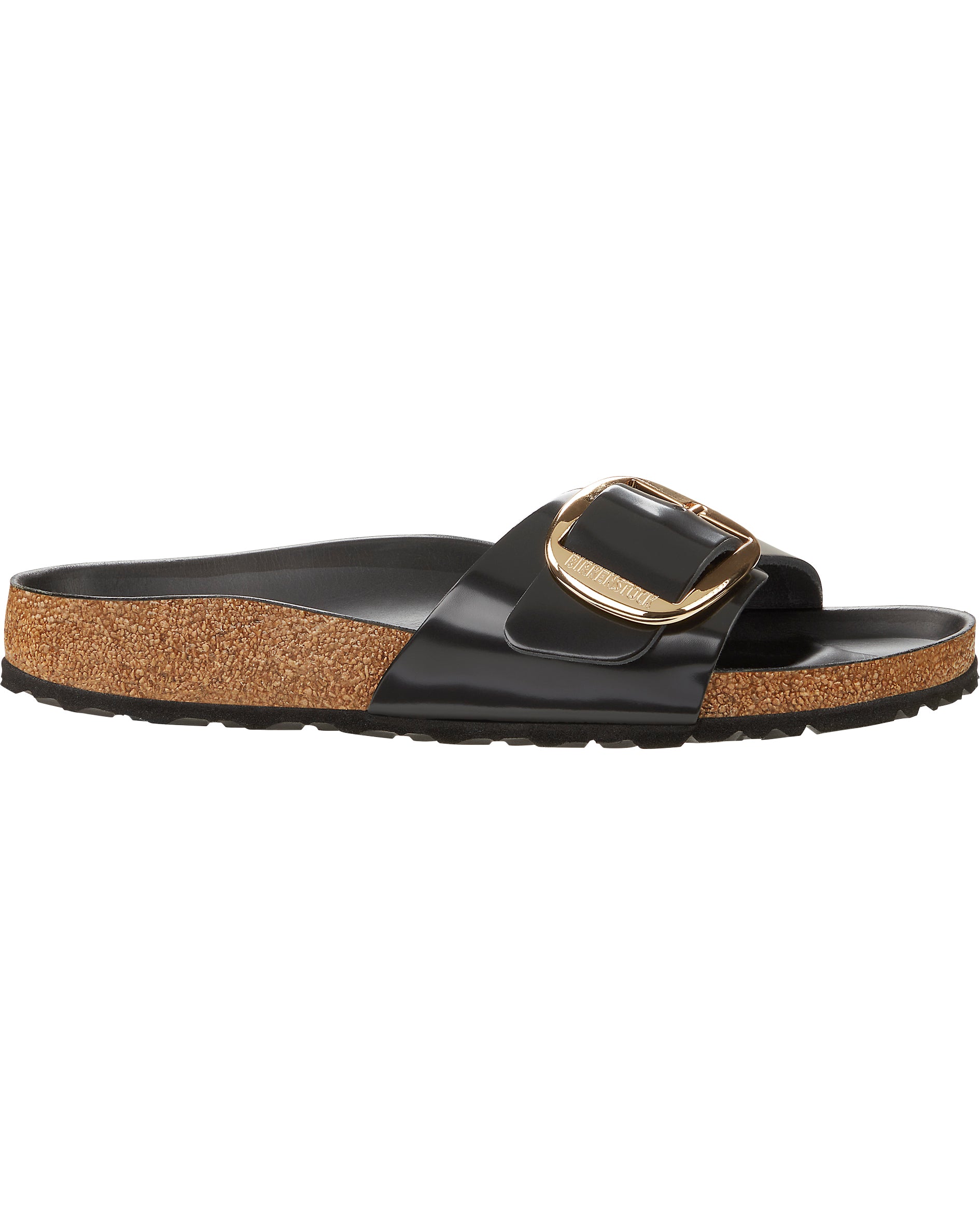 Madrid Big Buckle High Shine Black Leather Sandals