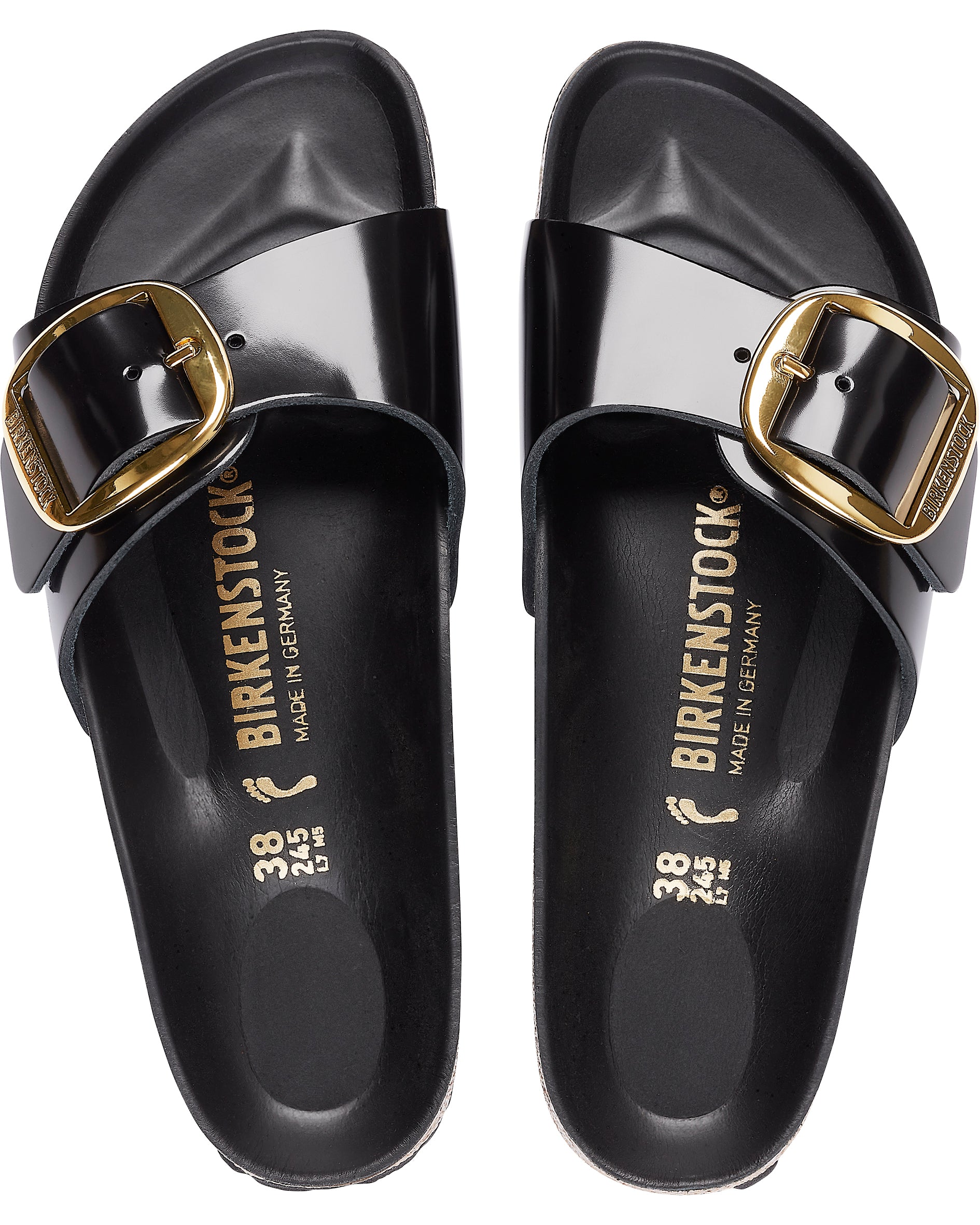 Madrid Big Buckle High Shine Black Leather Sandals