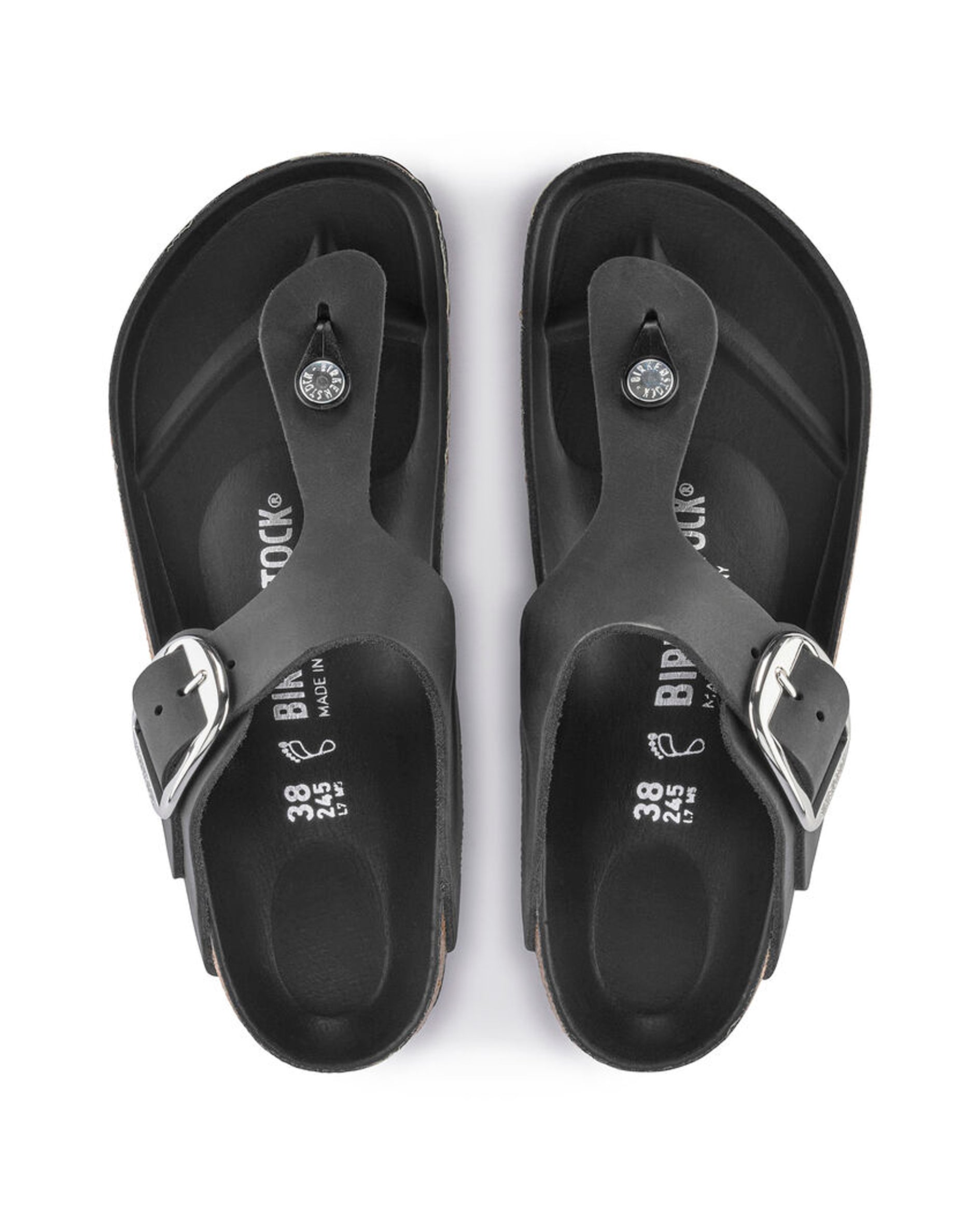 Gizeh Big Buckle Black Oiled Leather Sandals