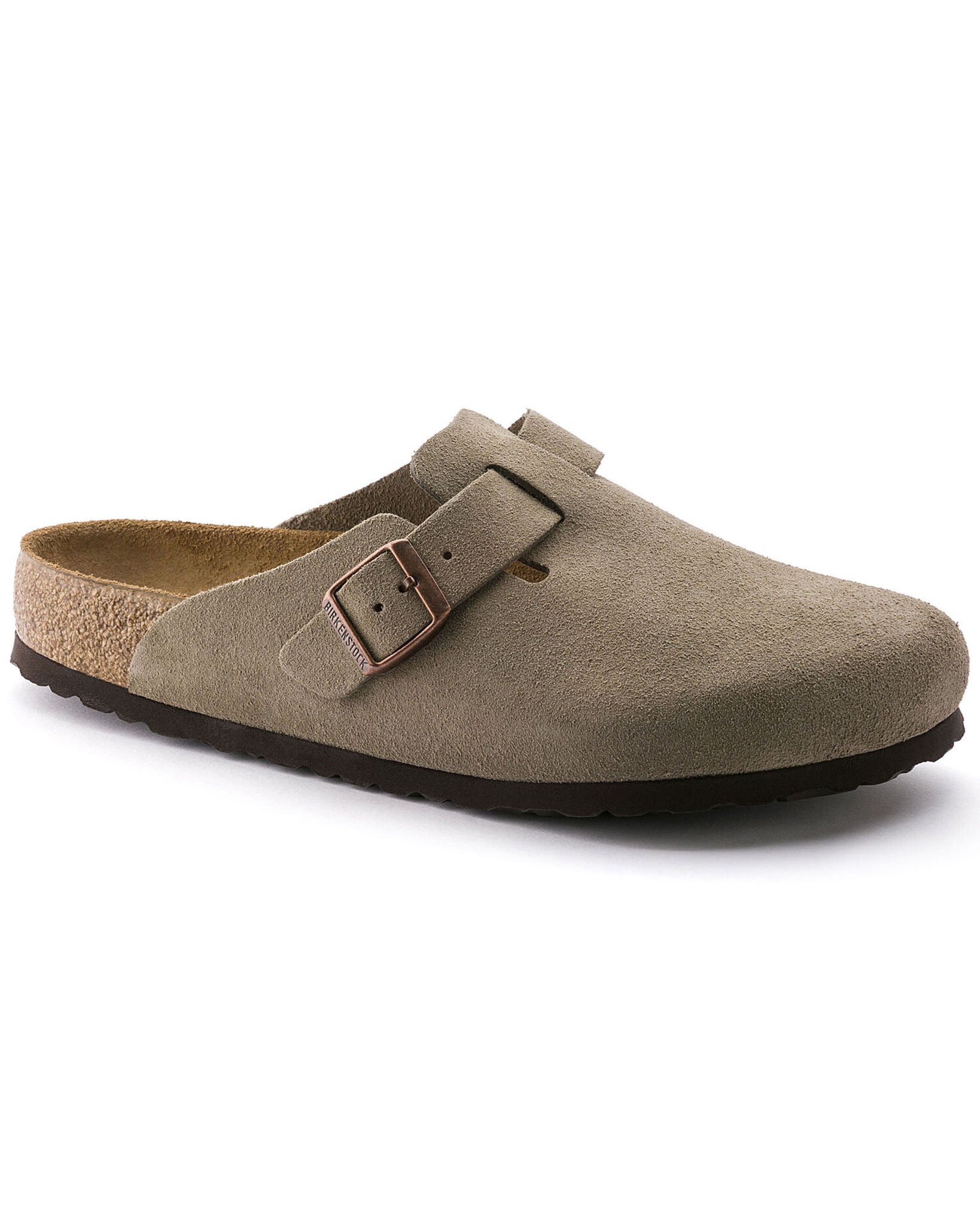 Boston Soft Footbed Taupe Suede Leather Clogs