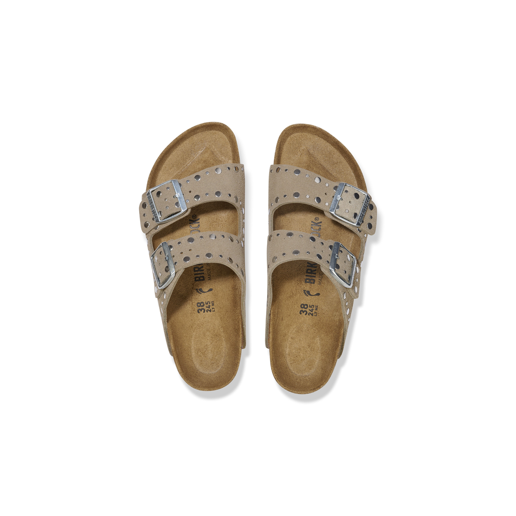 Arizona Rivet Taupe Suede Leather Sandals