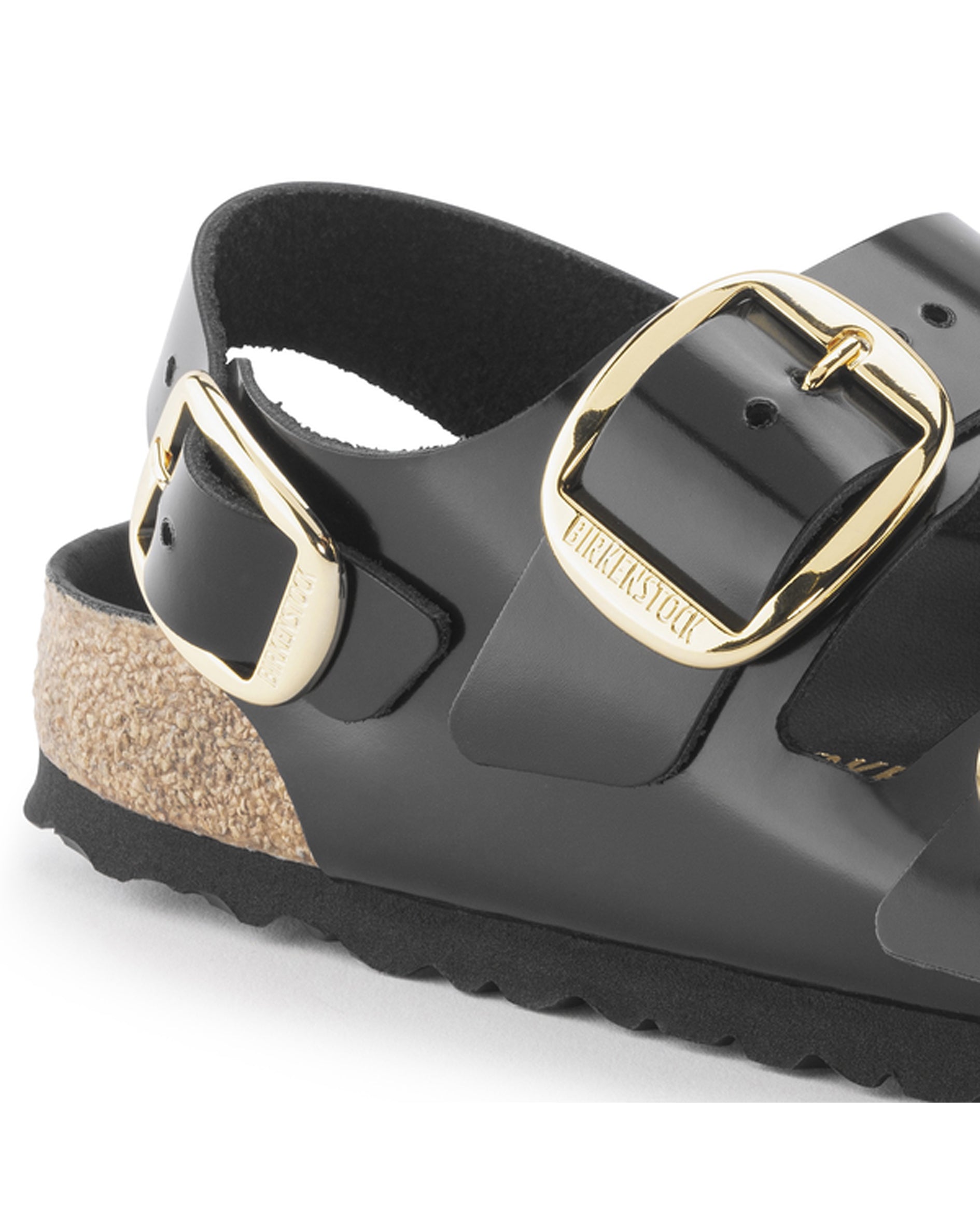 Milano Big Buckle High Shine Black Leather Sandals