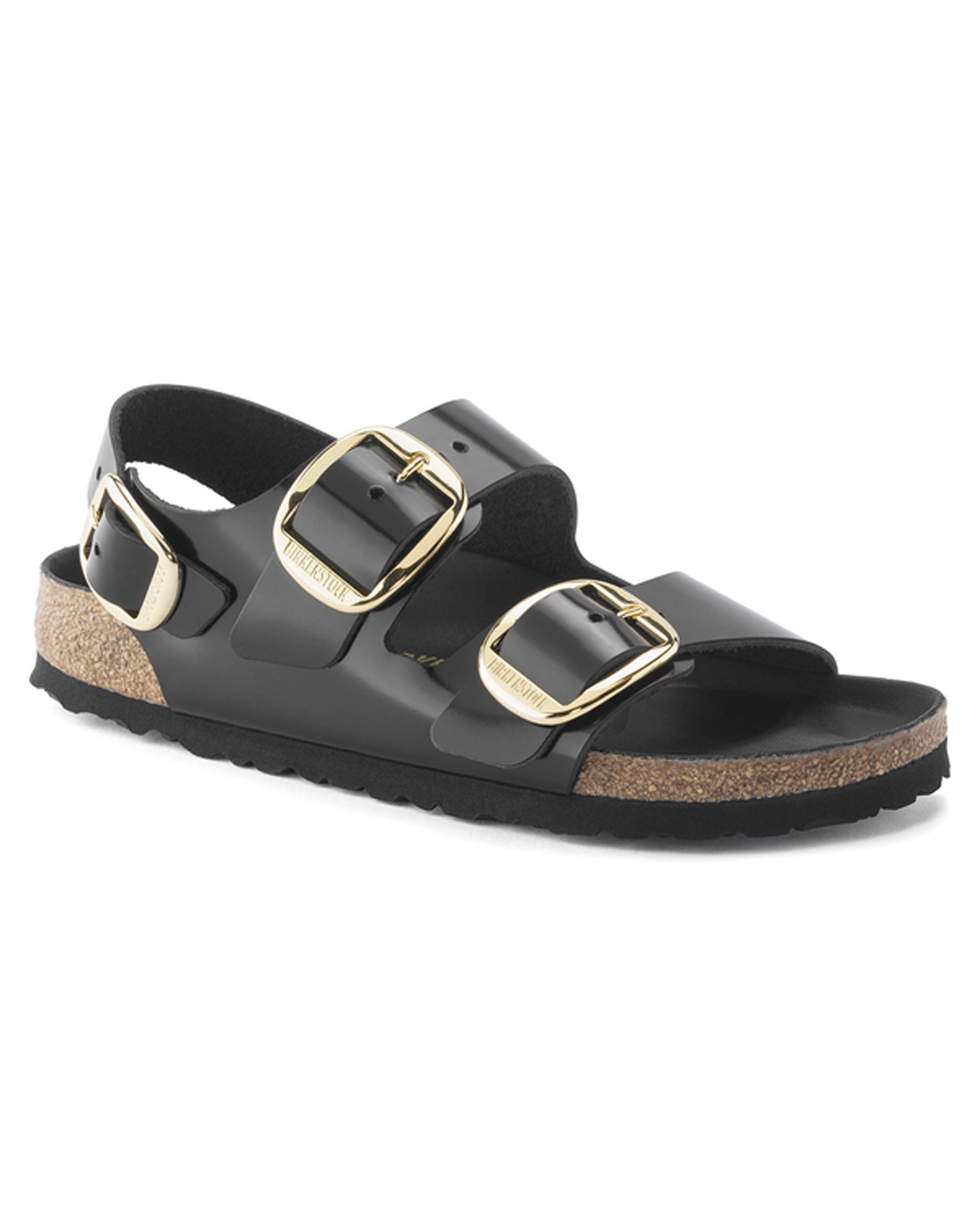 Milano Big Buckle High Shine Black Leather Sandals