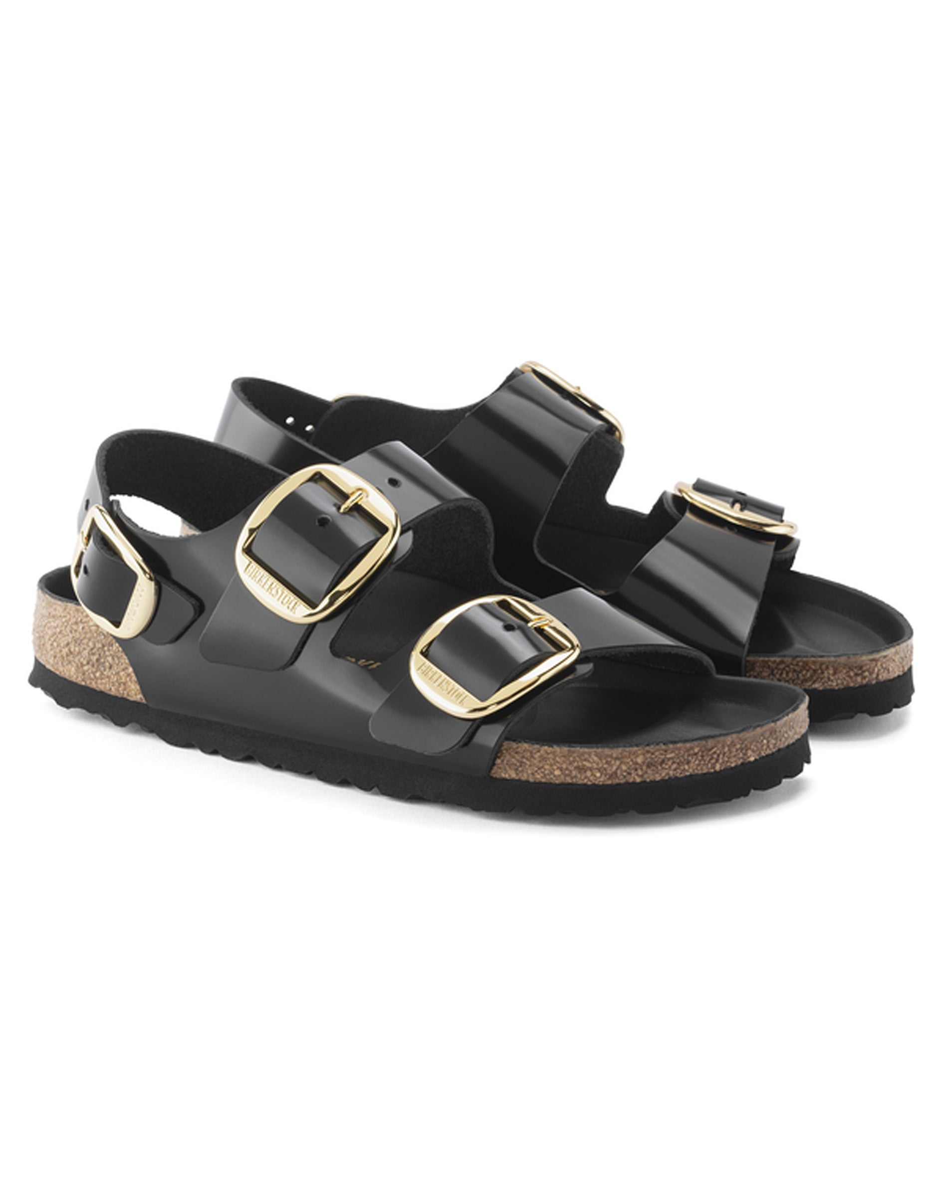 Milano Big Buckle High Shine Black Leather Sandals