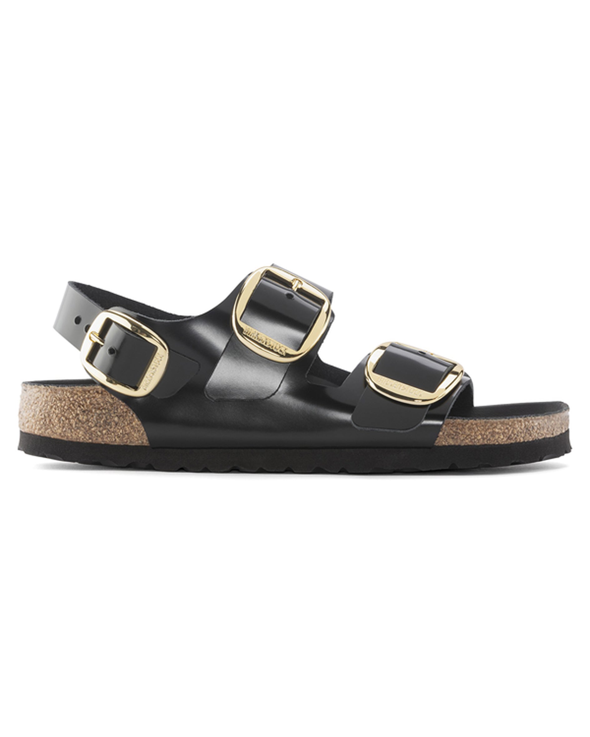 Milano Big Buckle High Shine Black Leather Sandals