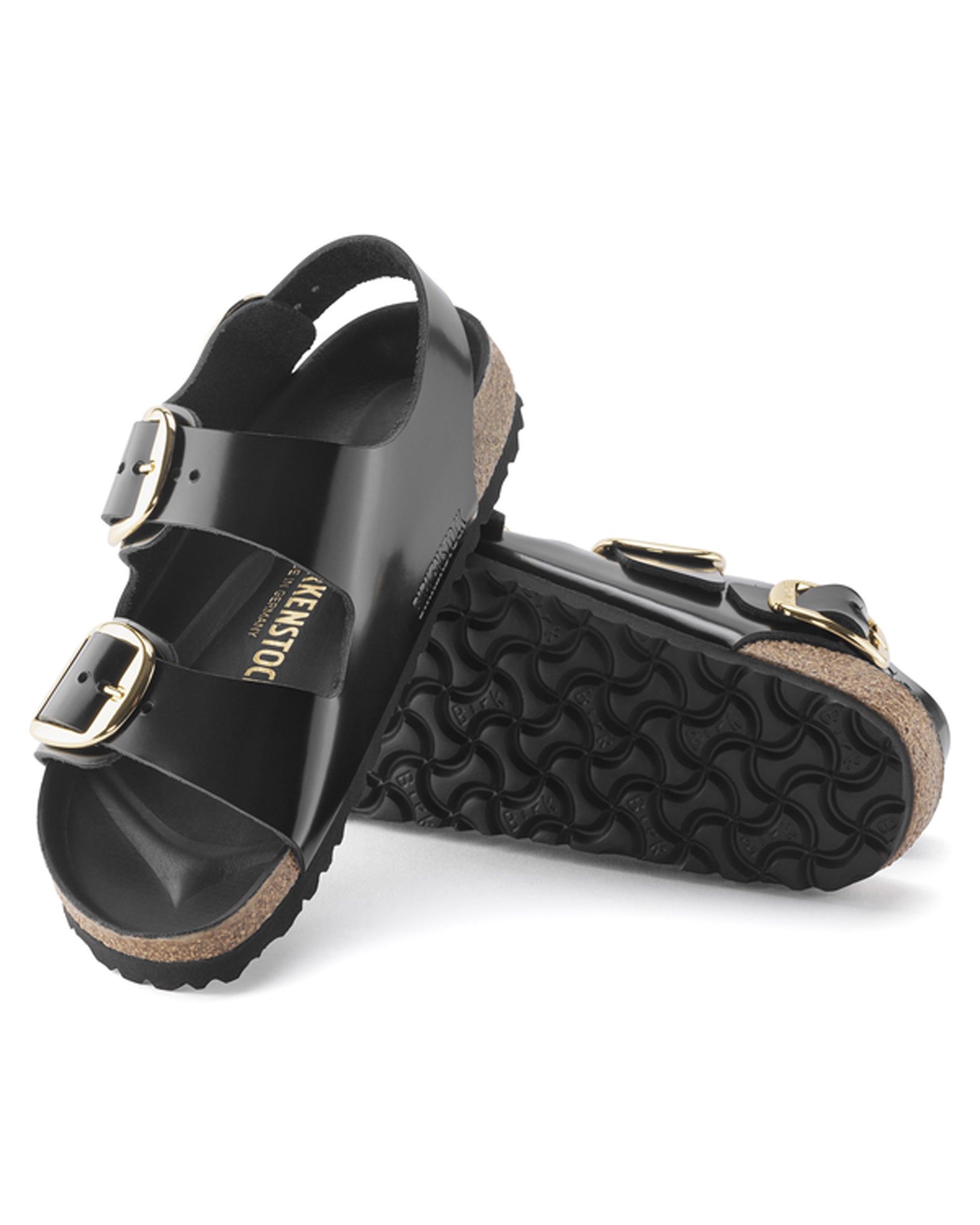 Milano Big Buckle High Shine Black Leather Sandals