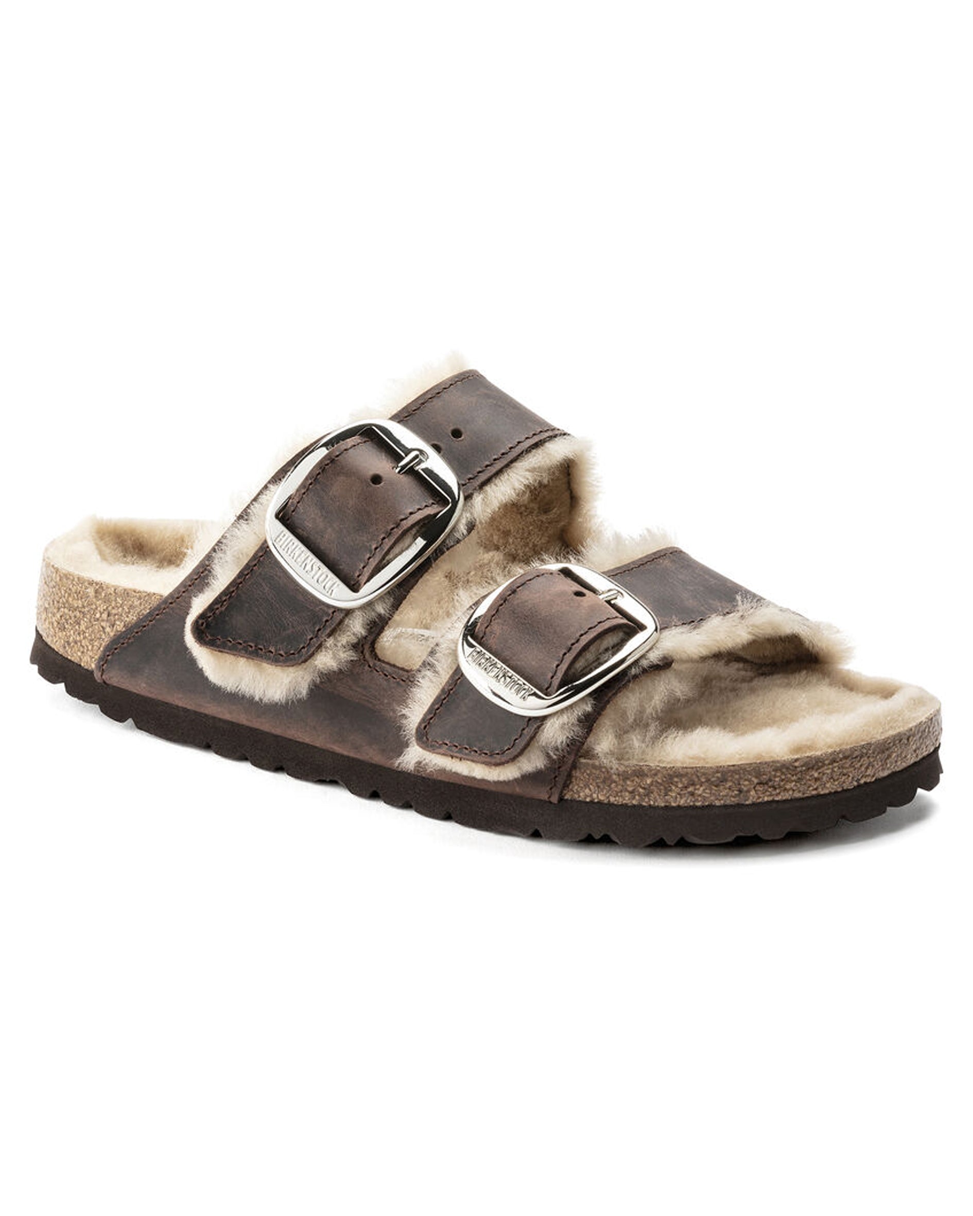 Arizona Big Buckle Shearling Brown Oiled Leather Sandals