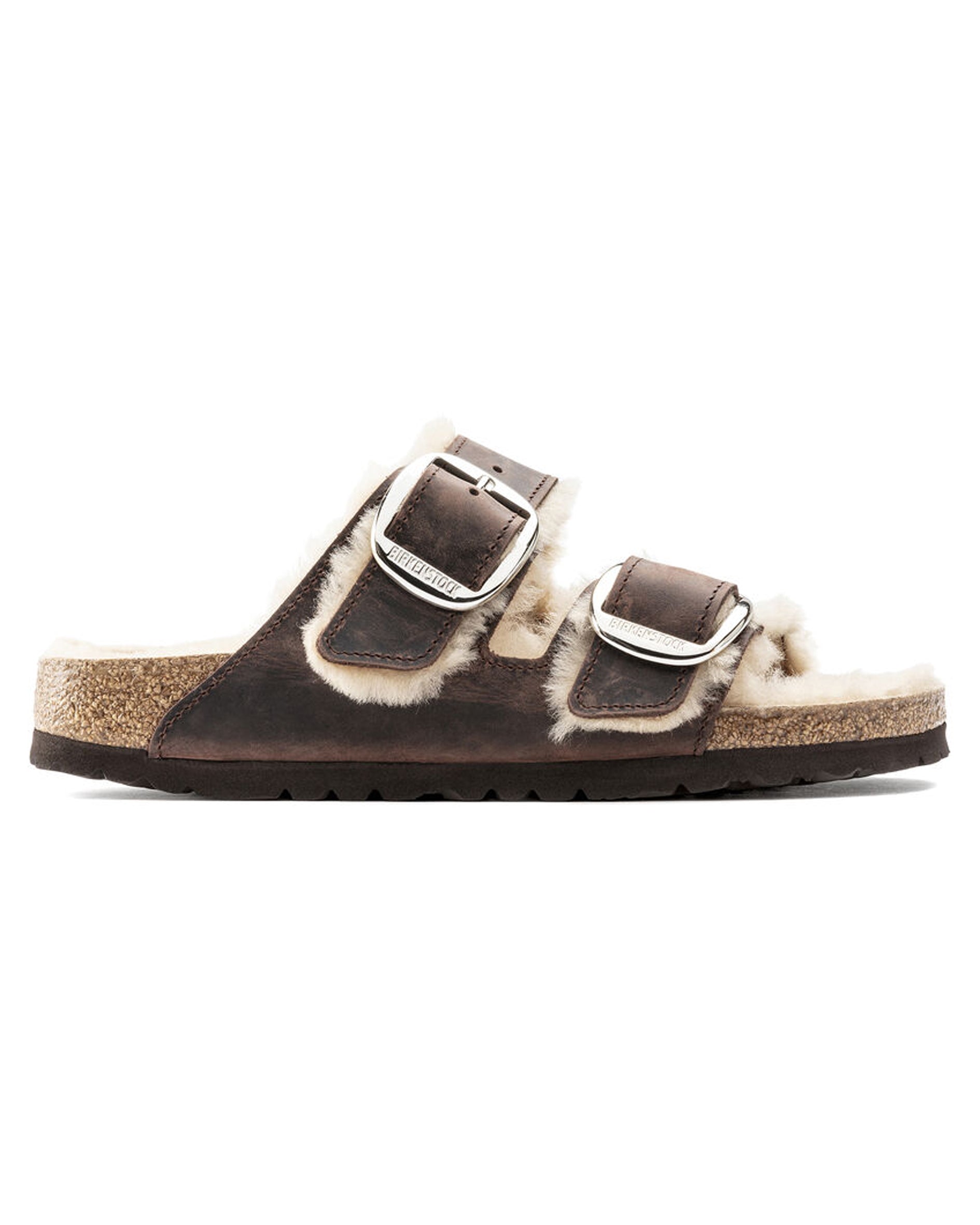 Arizona Big Buckle Shearling Brown Oiled Leather Sandals