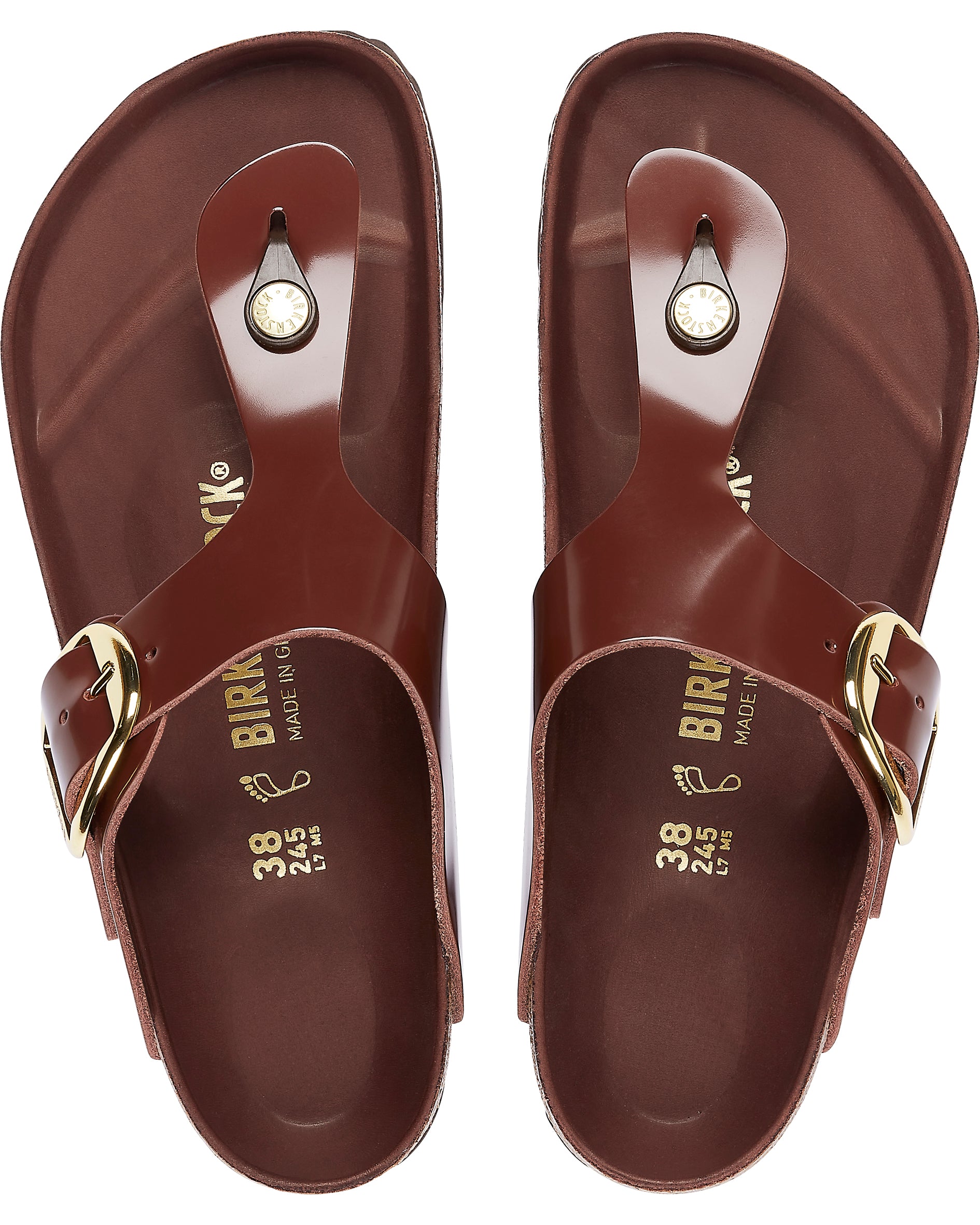 Gizeh Big Buckle High Shine Chocolate Leather Sandals