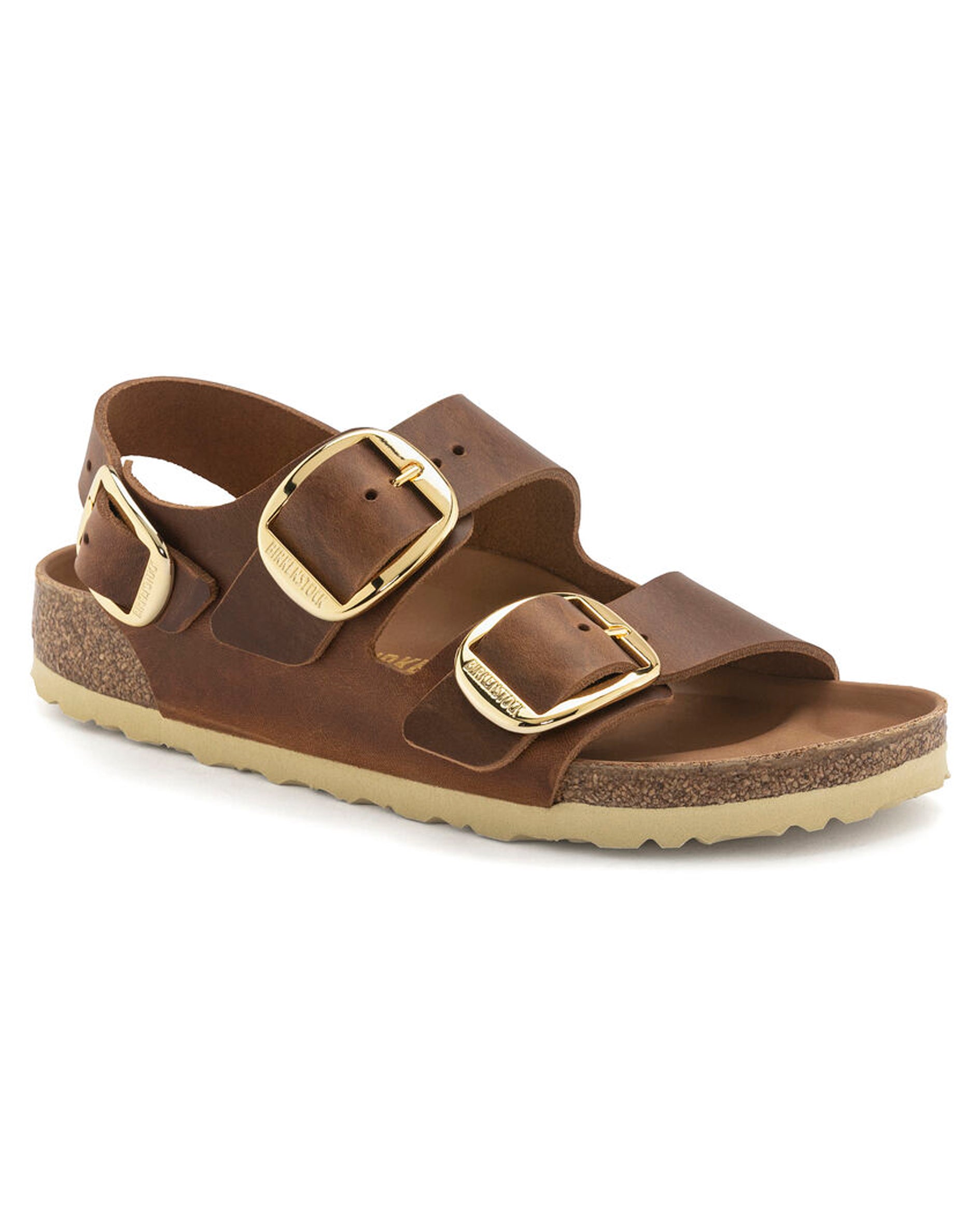 Milano Big Buckle Cognac Oiled Leather Sandals