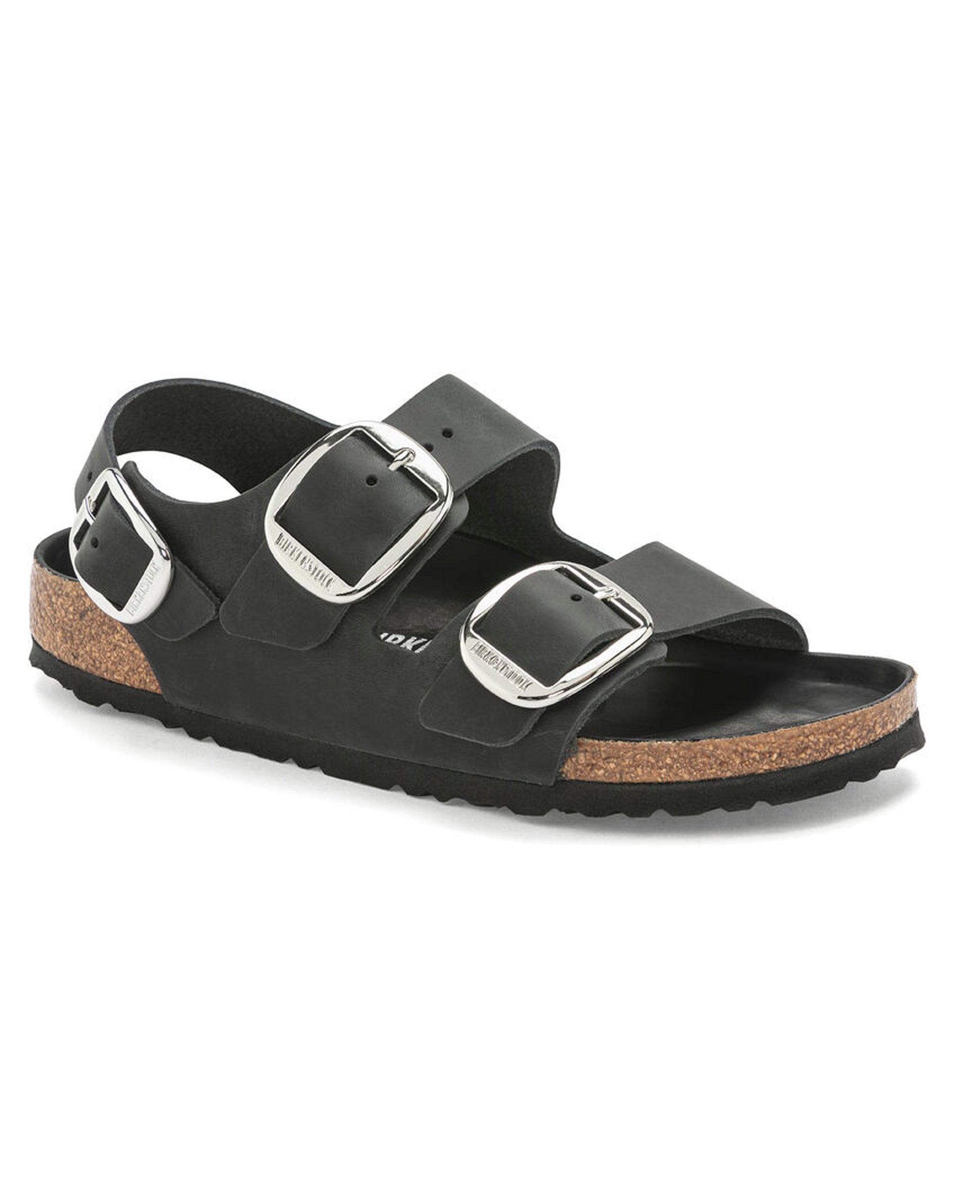 Milano Big Buckle Black Oiled Leather Sandals